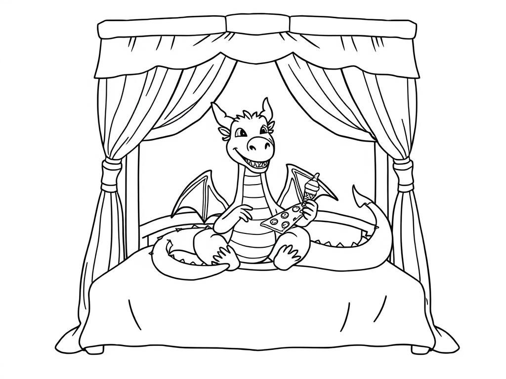 a dragon sitting on a massive canopy bed eating pizza and ice cream - Free Printable Coloring Page