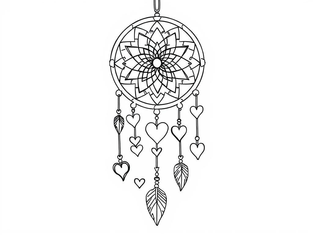 Preview of A dreamcatcher coloring page woven with hearts, stars, and romantic symbols hanging from its strings. At the top it says "Happy Valentine’s Day" in letters that can be colored