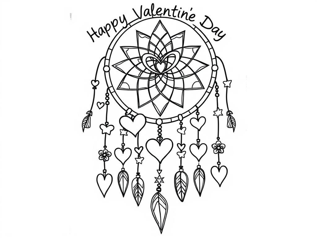 Preview of A dreamcatcher coloring page woven with hearts, stars, and romantic symbols hanging from its strings. At the top it says "Happy Valentine’s Day" in letters that can be colored