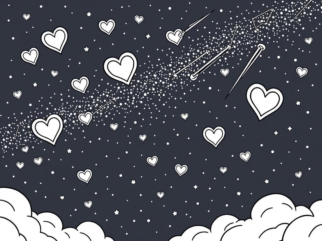 A dreamy night sky with heart-shaped constellations and shooting stars, a unique Valentines Day coloring page. - Valentines Day Coloring Page