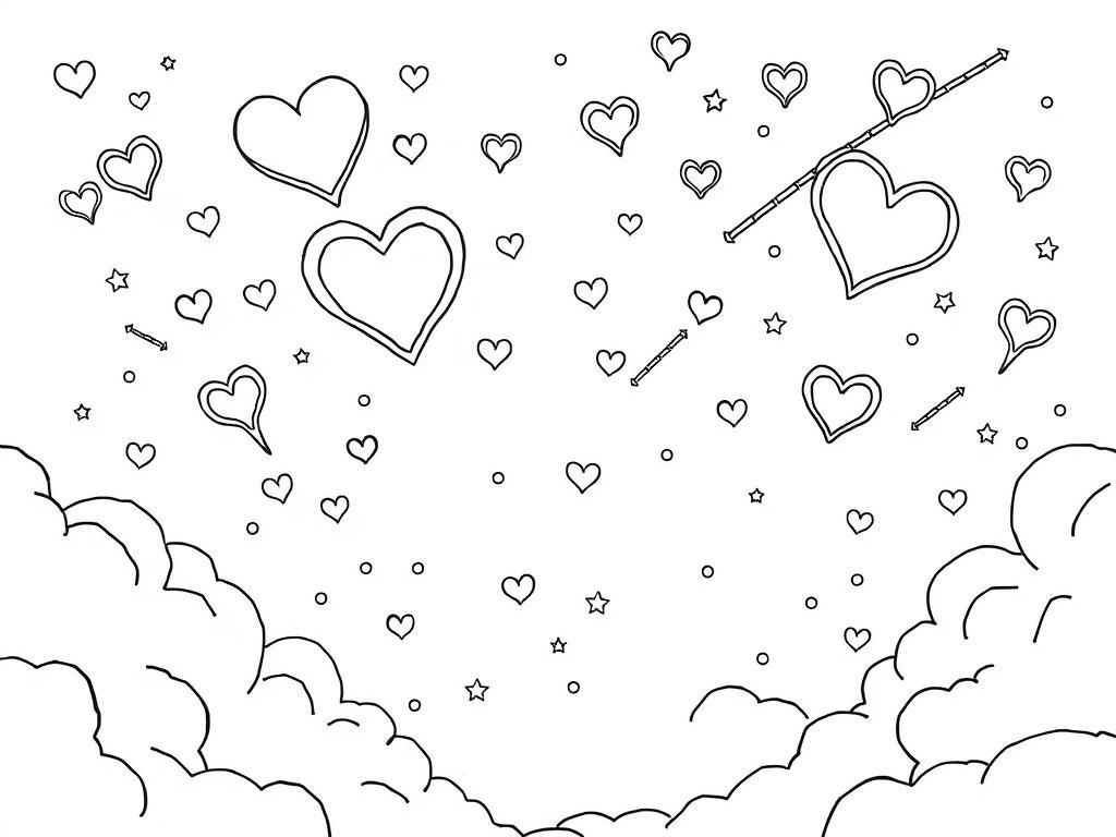 A dreamy  sky with heart-shaped constellations and shooting stars, a unique Valentines Day coloring page. - Valentines Day Coloring Page