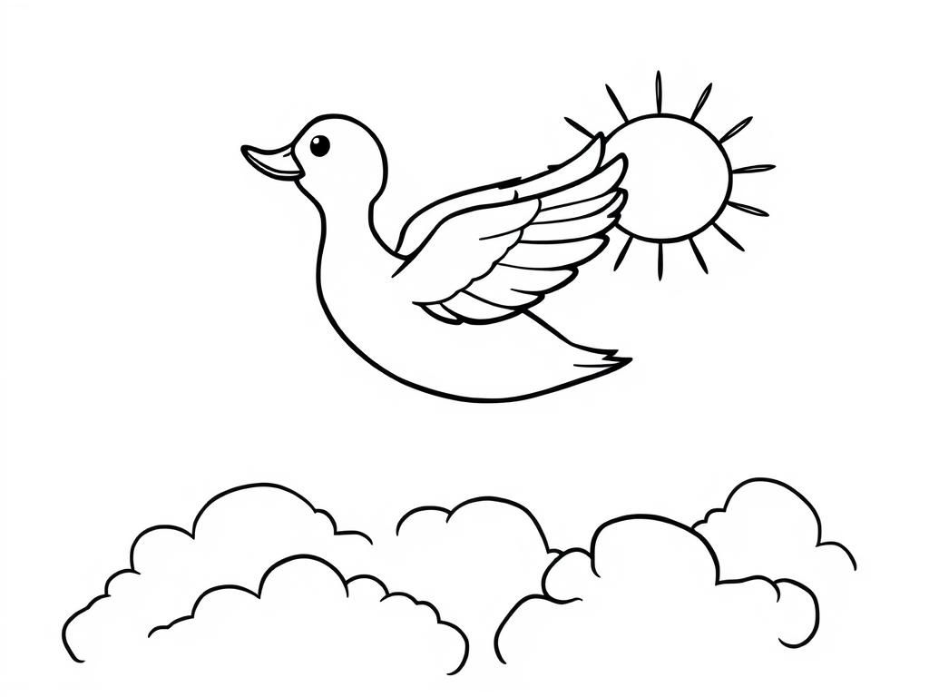 a duck flying above clouds and sun