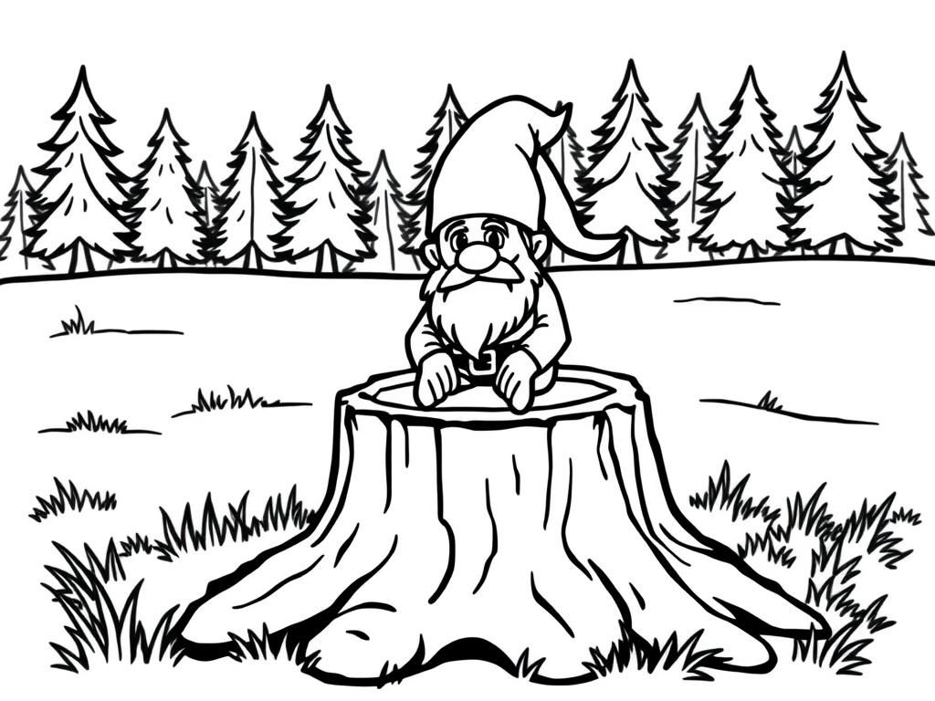 A dwarf sitting on a tree stump. One can see a forest in the background and gras around the tree stump