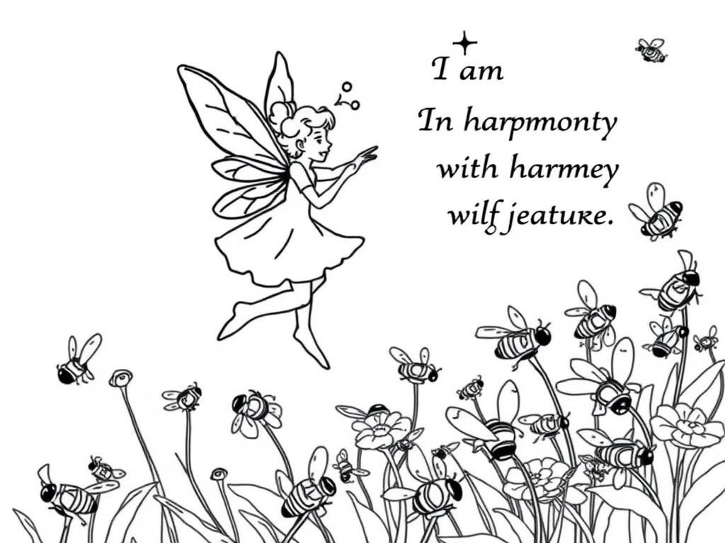 A fairy dancing with a swarm of bees, with "I am in harmony with nature."