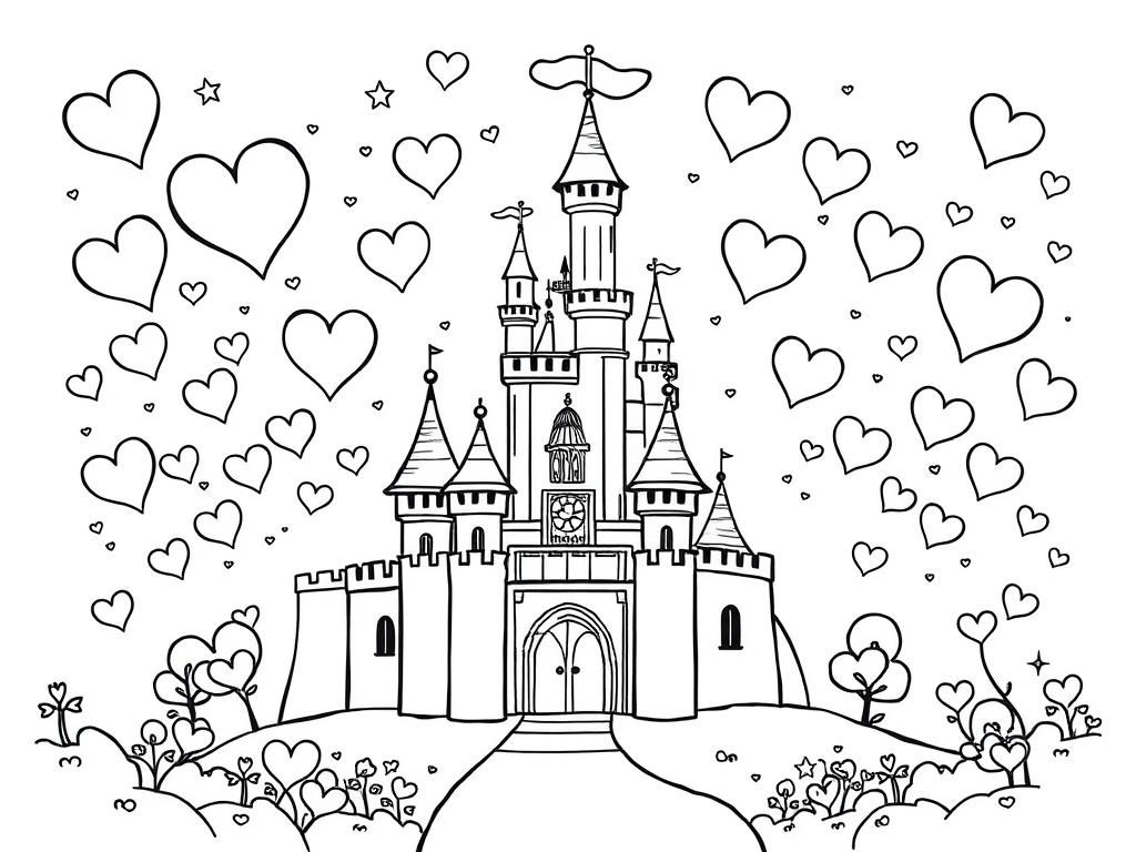 A fairytale castle surrounded by floating hearts and twinkling stars, making a dreamy Valentines Day coloring page. - Valentines Day Coloring Page