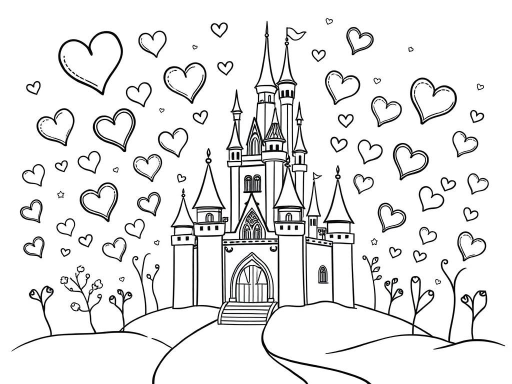 Preview of A fairytale castle surrounded by floating hearts and twinkling stars, making a dreamy Valentines Day coloring page.