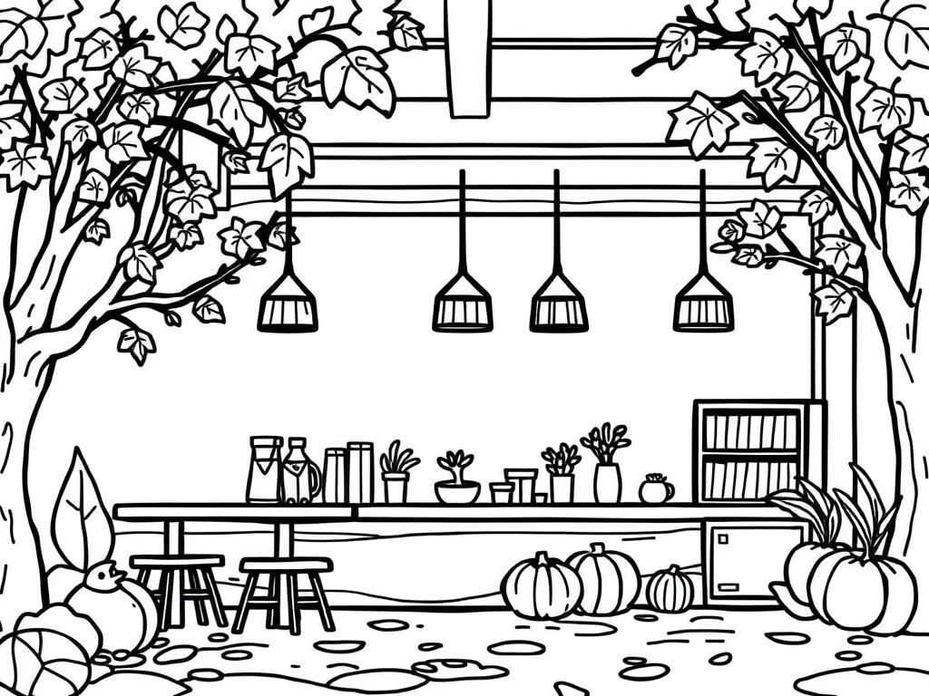 Cozy Fall Cafe Coloring Page