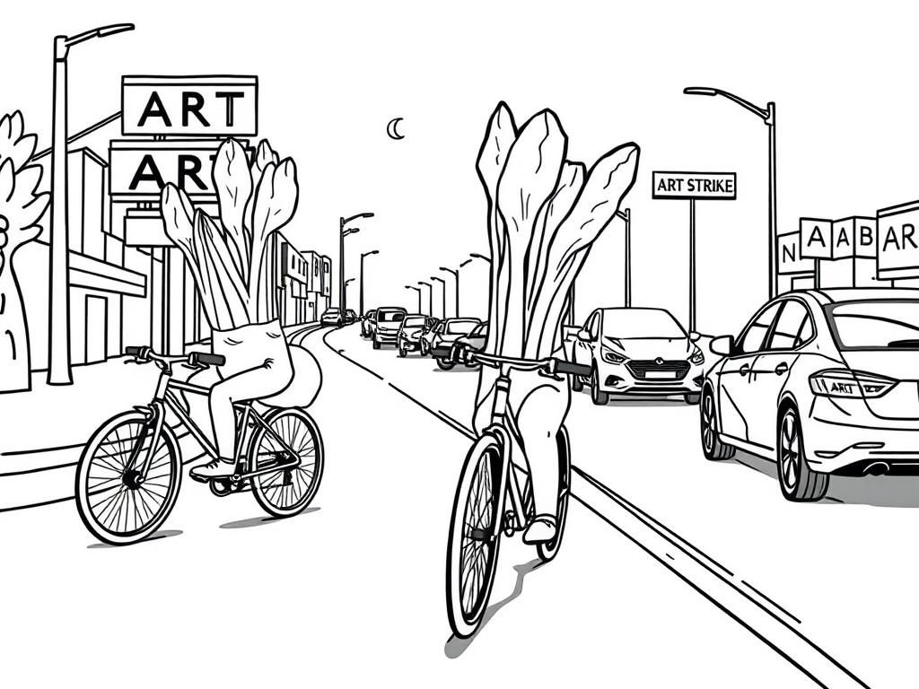 Preview of a few endives on bycicles and ART STRIKE written on-road-panel with-motel-cars and