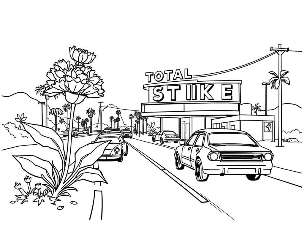 Retro Car Scene Coloring Page for Kids