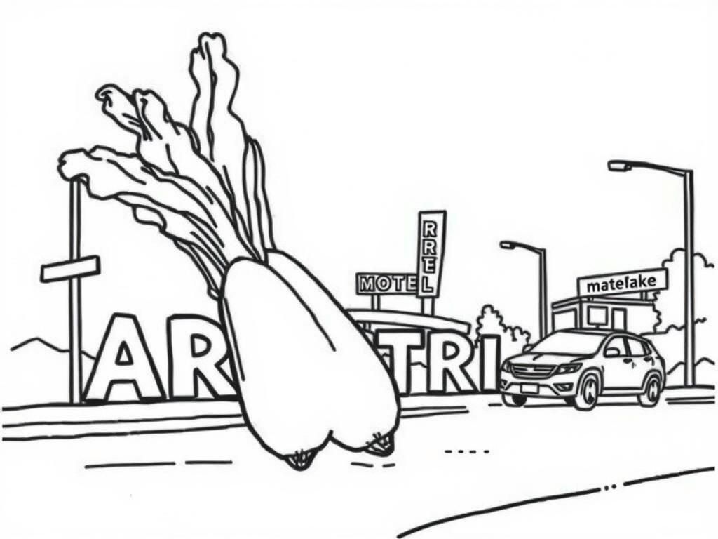 Preview of a few giant endives  and ART STRIKE written on-road-panel with-motel-cars and