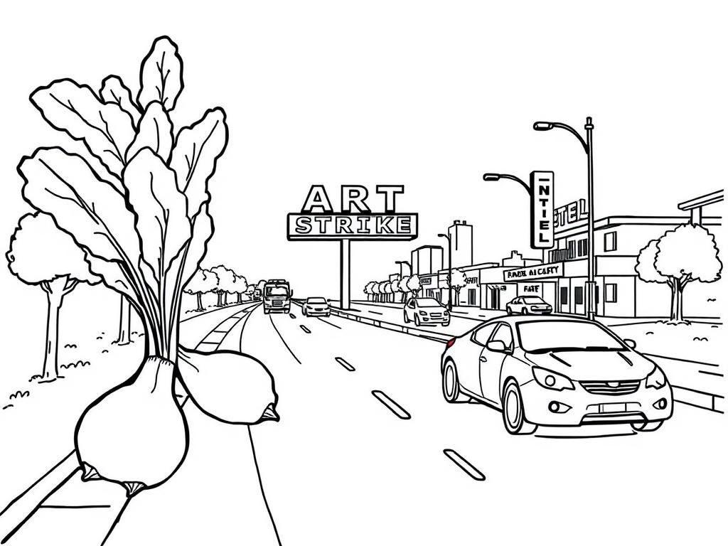 Preview of a few giant endives  and ART STRIKE written on-road-panel with-motel-cars and