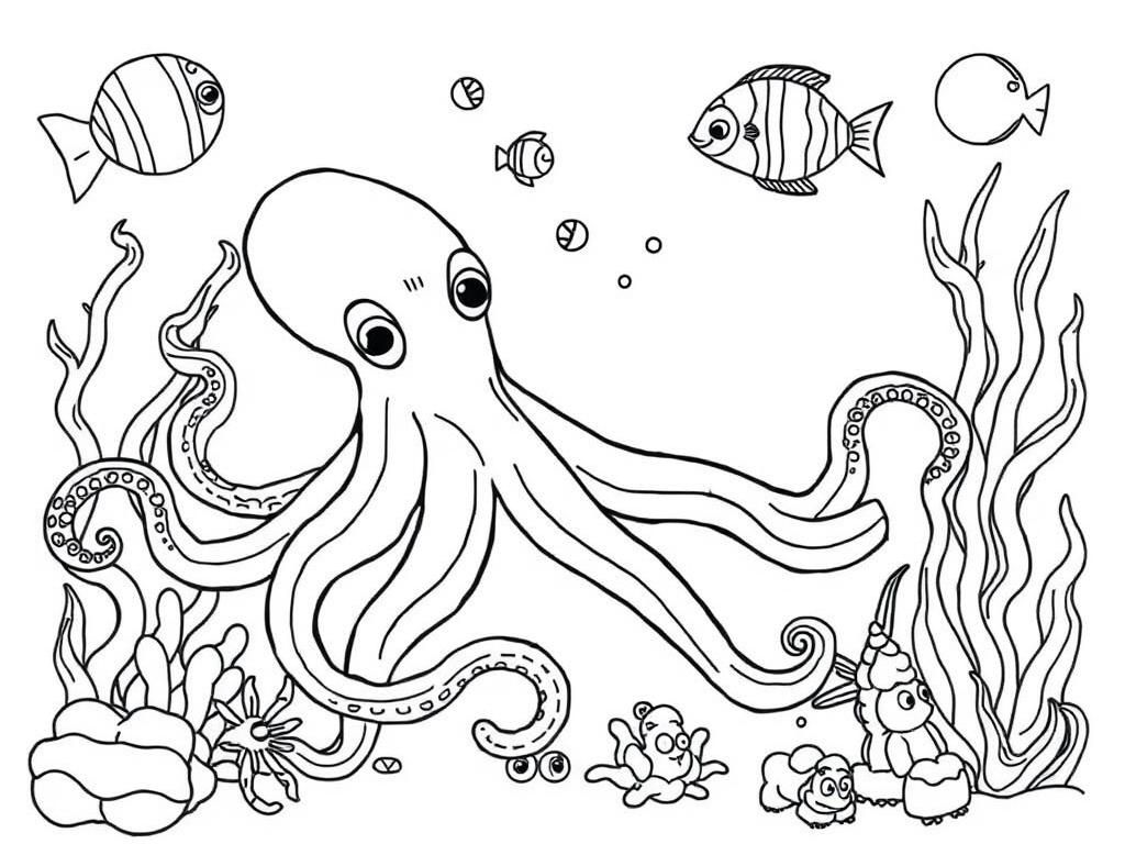 a fish scene with octopuses and sea animals