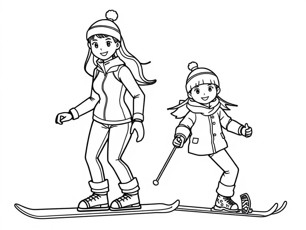 Skiing Girls Winter Fun Coloring Page