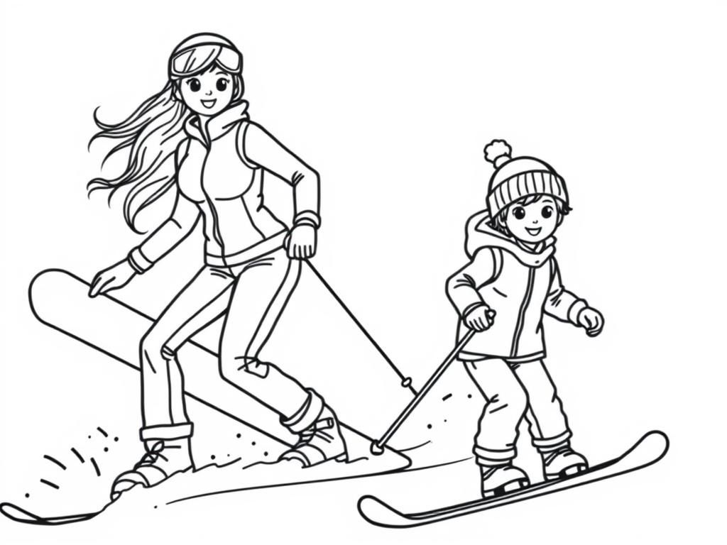 Skiing Family Fun Coloring Page