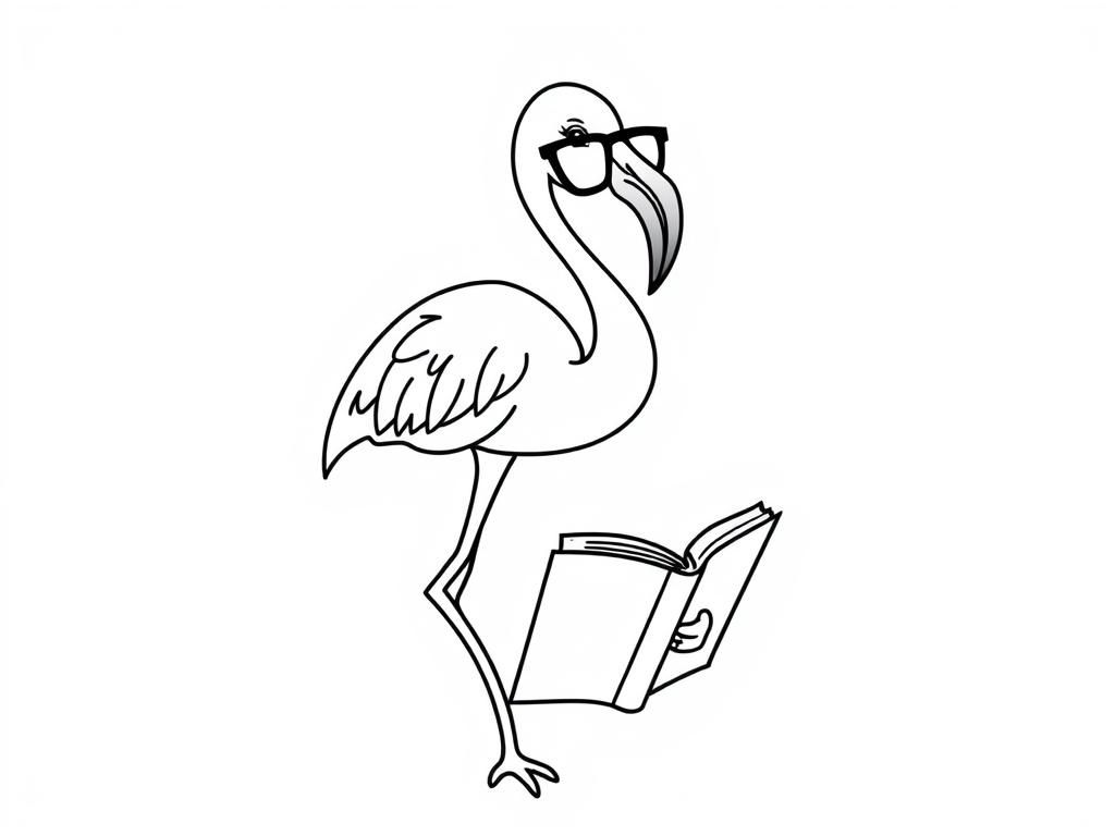 A flamingo with glasses and reading a book