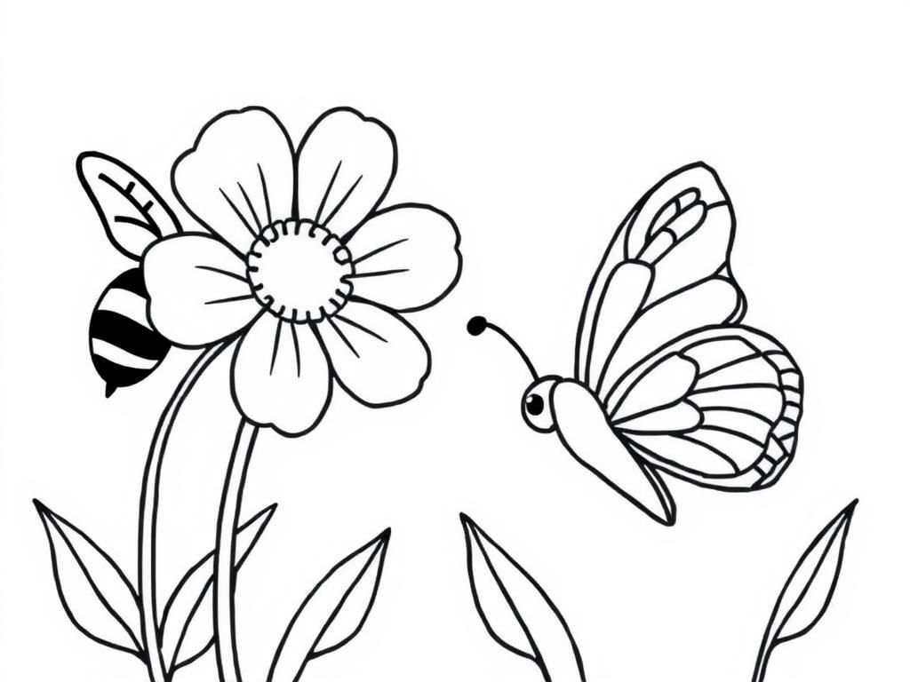 Delicate Bloom: Bee, Butterfly, and Flower Coloring Page