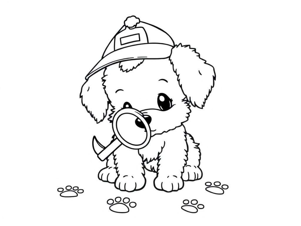 Preview of A fluffy puppy wearing a tiny detective hat, investigating a trail of paw prints with a magnifying glass