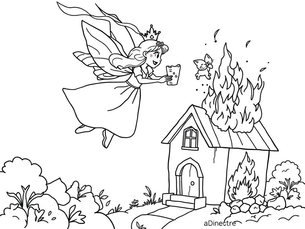 Preview of a flying princess saving a cat from a burning house