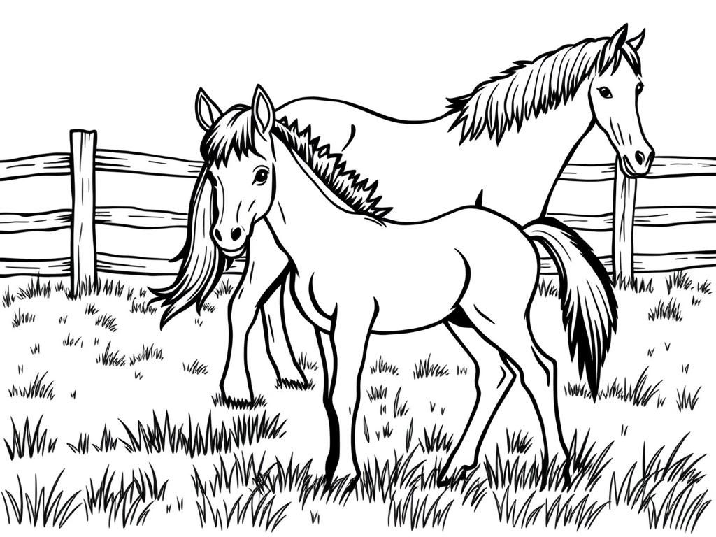 Preview of A foal in a meadow with a fence behind it and a mother horse