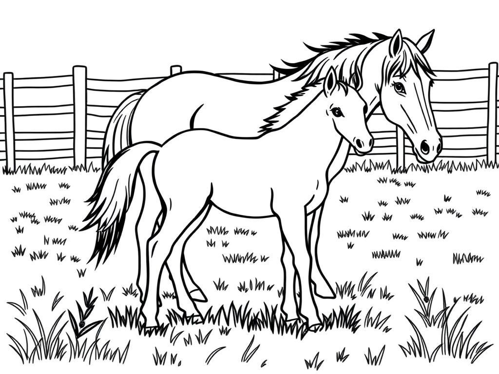 Preview of A foal in a meadow with a fence behind it and a mother horse