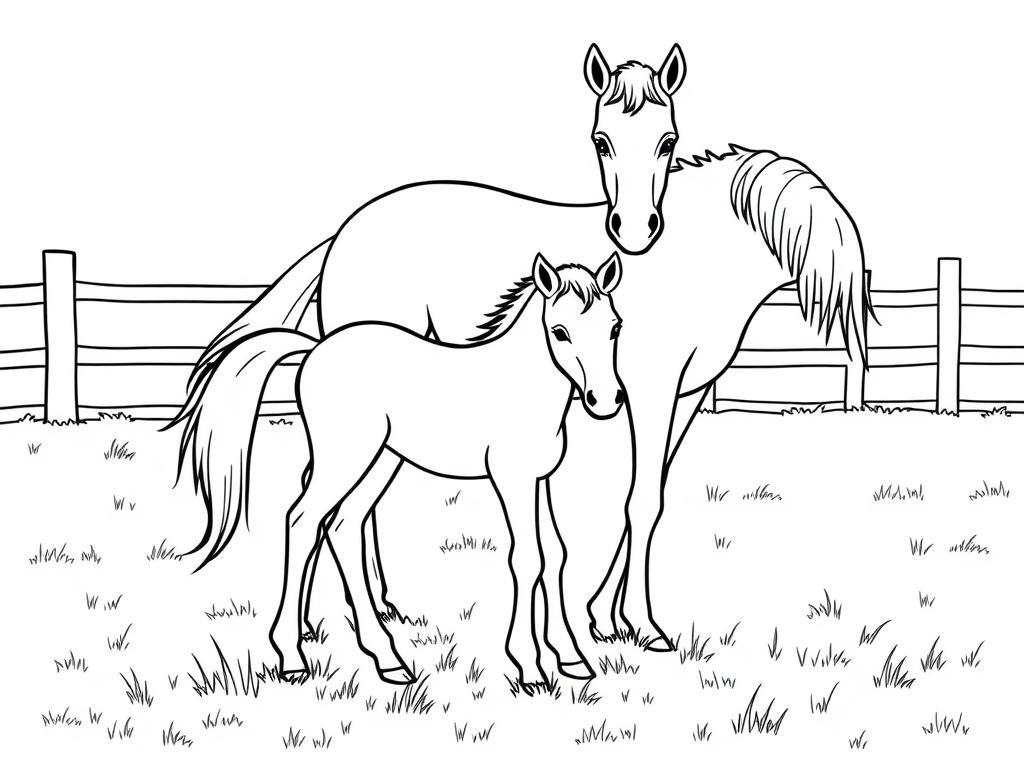 Preview of A foal in a meadow with a fence behind it and a mother horse