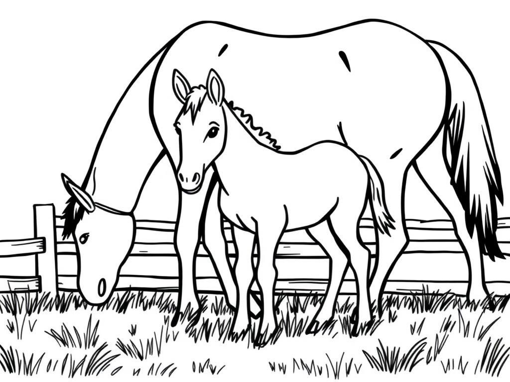 Preview of A foal in a meadow with a fence behind it and a mother horse