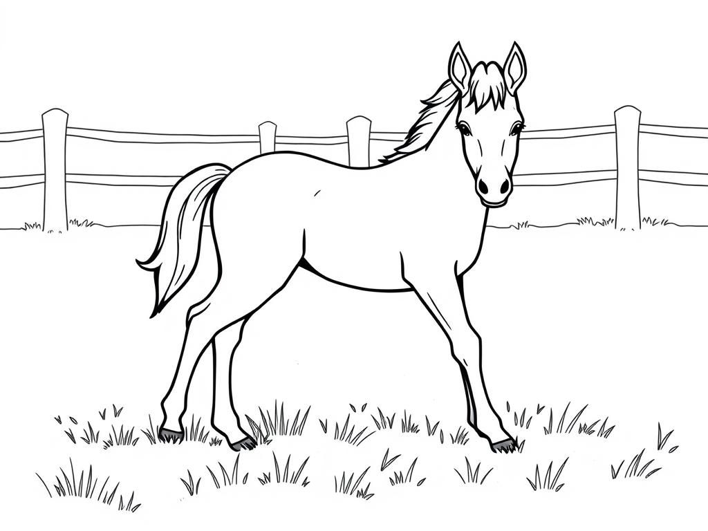 Preview of A foal in a meadow with a fence behind it