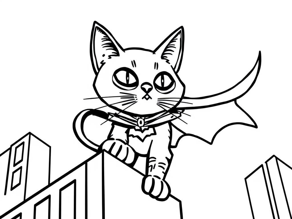 A focused cat version of Batman on a building - Free Printable Coloring Page