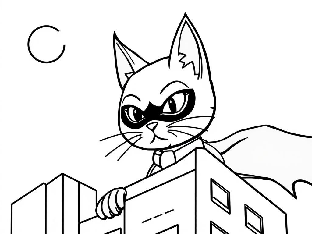 A focused cat version of Batman on a building - Free Printable Coloring Page