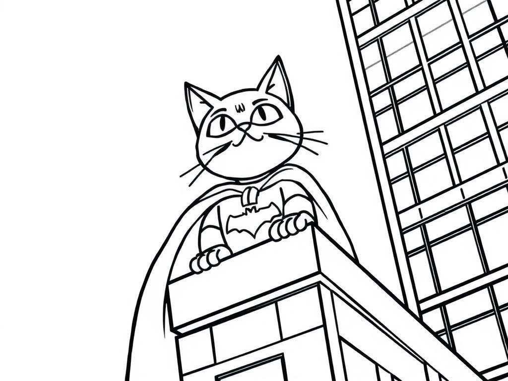 A focused cat version of Batman on a building with Batman - Free Printable Coloring Page