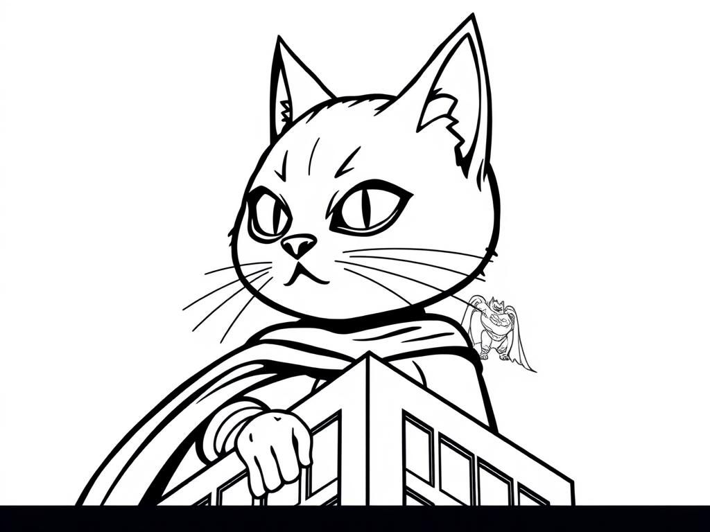 A focused cat version of Batman on a building with Batman - Free Printable Coloring Page