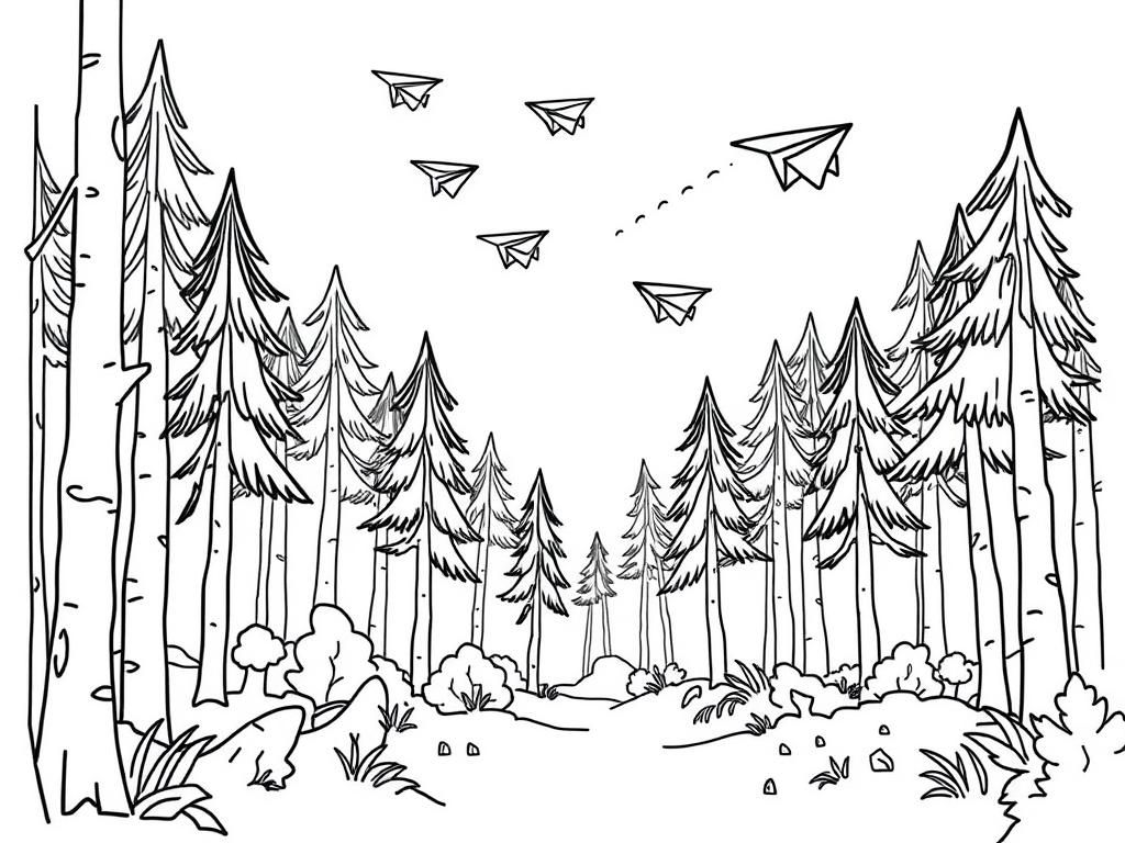 a forest with paper planes