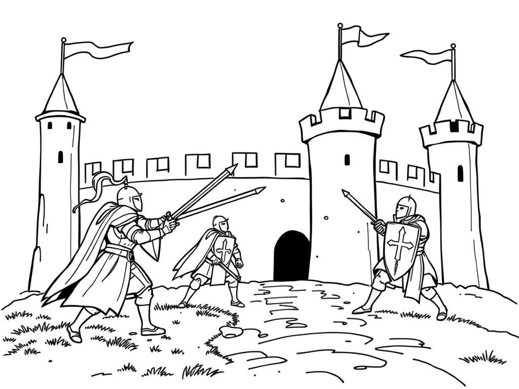 A fortress with four knights fighting other knights from another fortress