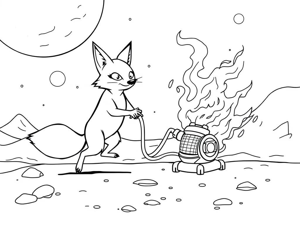 Preview of A fox on mars in a night scene chasing a scary flaming vacuum cleaner