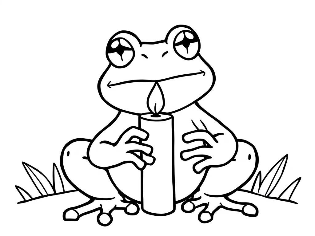 Coloring Page of a Cute Cartoon Frog Holding a Candle