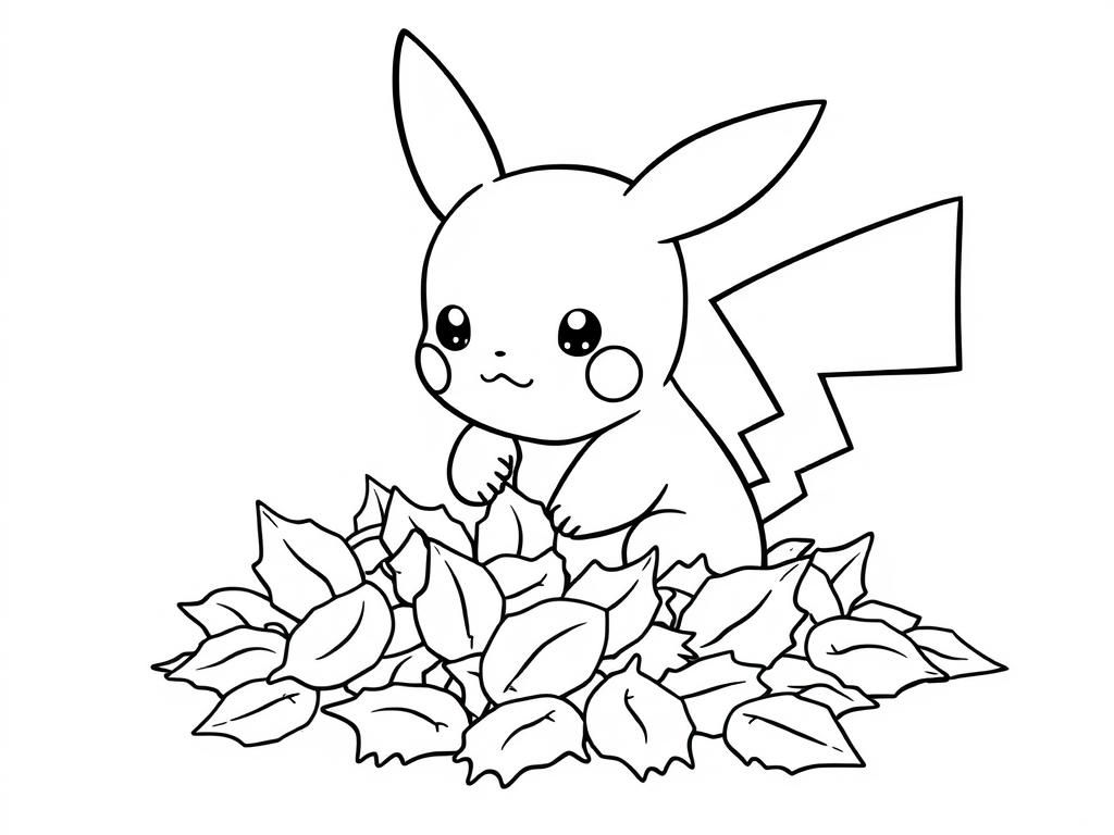 Preview of A fun and easy baby pikachu coloring pages design showing Baby Pikachu playing with a pile of fallen leaves