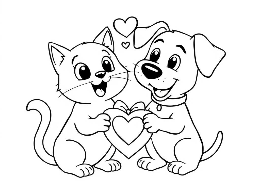 A fun Valentines coloring page of a cat and dog sharing a Valentine’s Day gift, both looking surprised and happy. - Free Printable Coloring Page