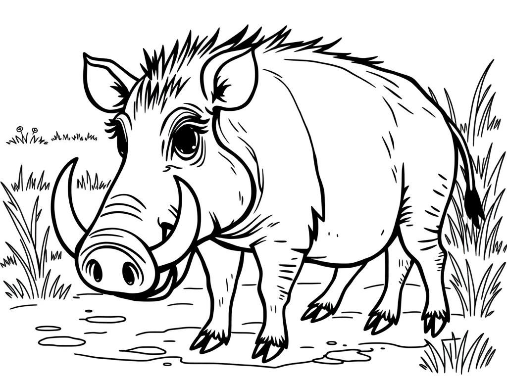 "A funny warthog with tusks,, standing in a muddy area. Background: a grassy savanna with soft pastel colors." - Free Printable Coloring Page