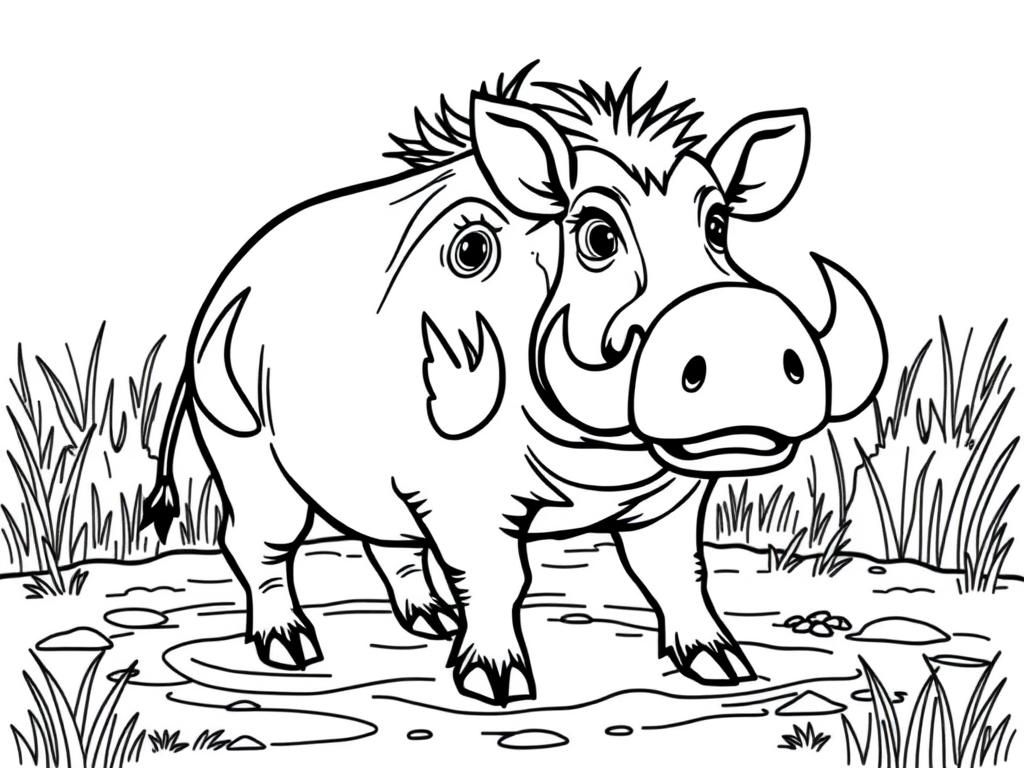 "A funny warthog with tusks,, standing in a muddy area. Background: a grassy savanna with soft pastel colors." - Free Printable Coloring Page