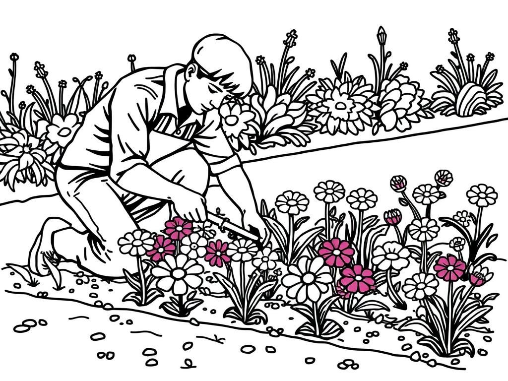 Preview of A gardener planting a row of colorful flowers in a garden bed.