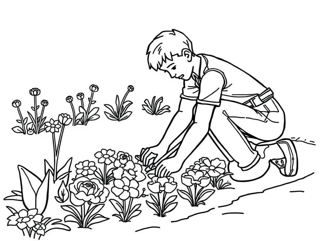 Preview of A gardener planting a row of flowers in a garden bed.