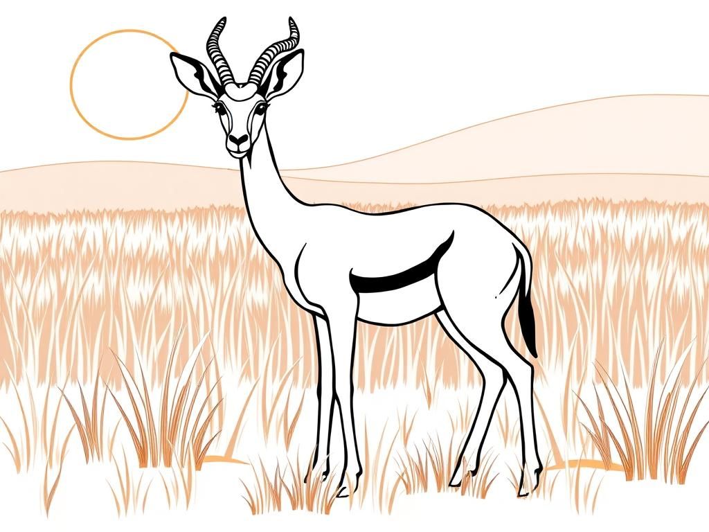 "A Gazelle, . Background: a warm savanna with tall grass and a glowing sun." - Free Printable Coloring Page