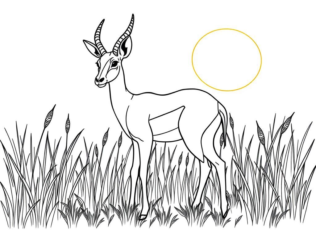 "A Gazelle, . Background: a warm savanna with tall grass and a glowing sun." - Free Printable Coloring Page