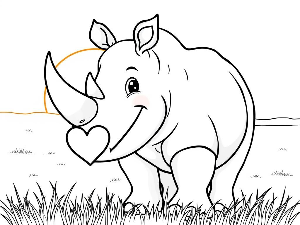 A gentle rhino with a big smile, holding a tiny heart-shaped rock, standing in a grassy field. Background: a warm savanna with a glowing sunset." - Free Printable Coloring Page