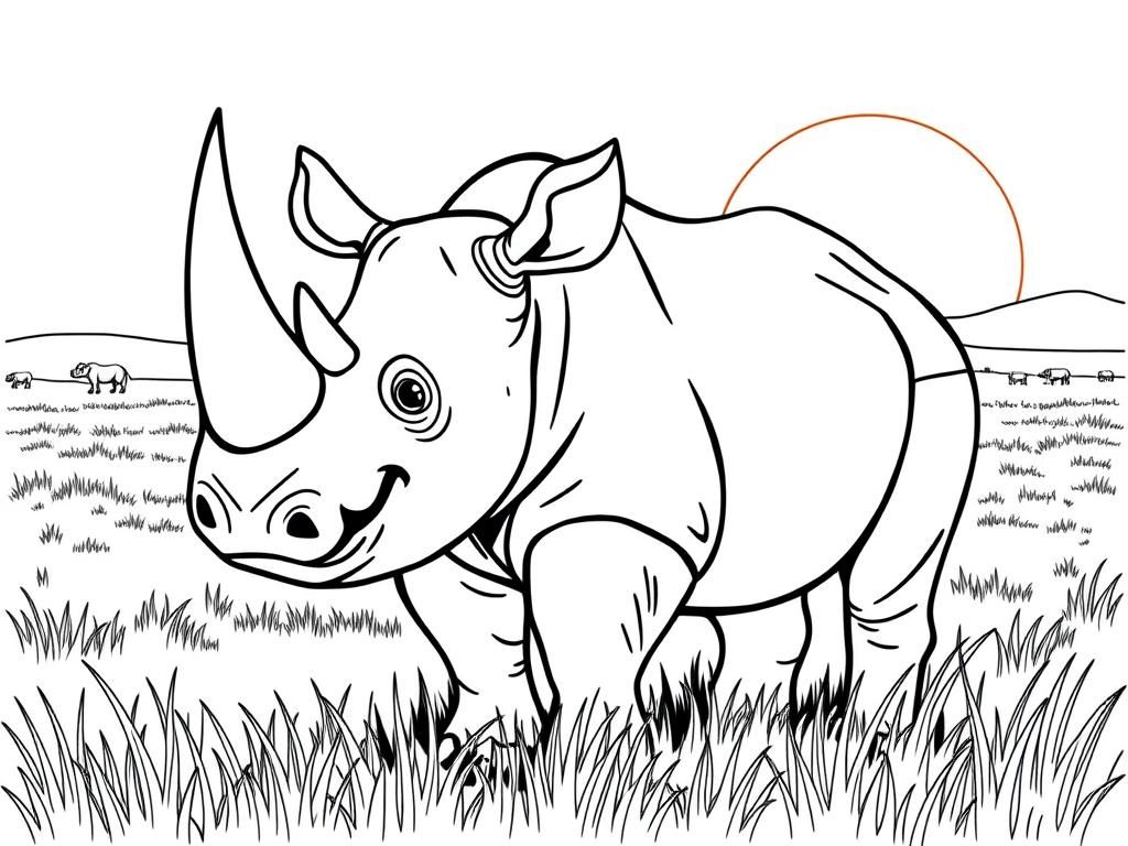 A gentle rhino with a big smile, , standing in a grassy field. Background: a warm savanna with a glowing sunset." - Free Printable Coloring Page