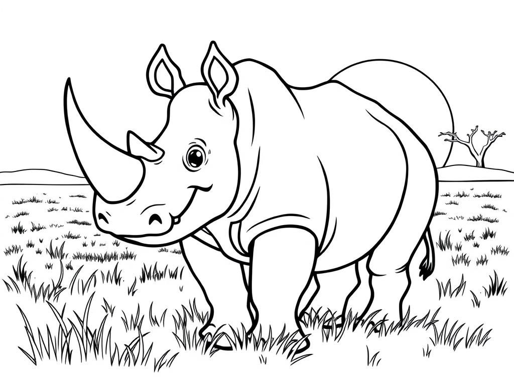 A gentle rhino with a big smile, , standing in a grassy field. Background: a warm savanna with a glowing sunset." - Free Printable Coloring Page