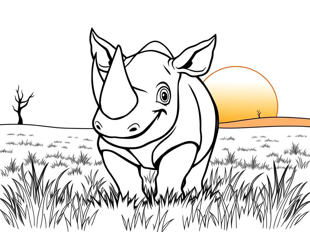 A gentle rhino with a big smile, , standing in a grassy field. Background: a warm savanna with a glowing sunset." - Free Printable Coloring Page