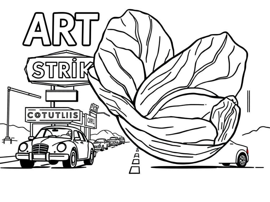 Preview of a giant belgian endive and ART STRIKE written on-road-panel with-motel-cars and