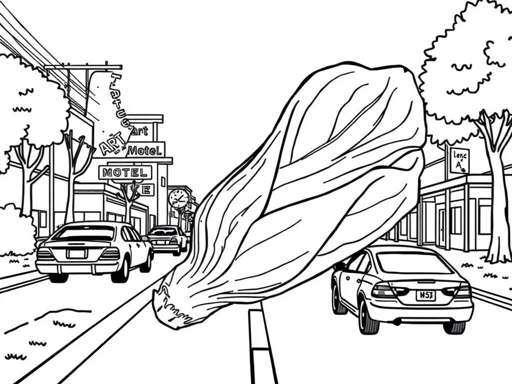 Preview of a giant belgian endive and ART STRIKE written on-road-panel with-motel-cars and