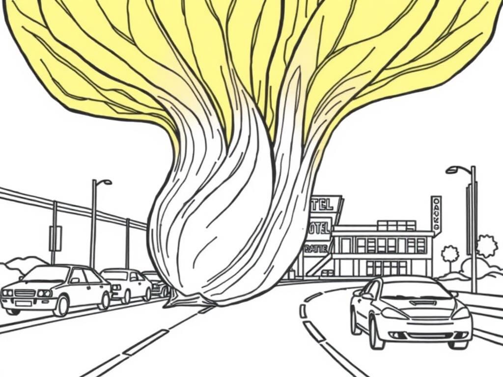 Preview of a giant belgian endive and ART STRIKE written on-road-panel with-motel-cars and